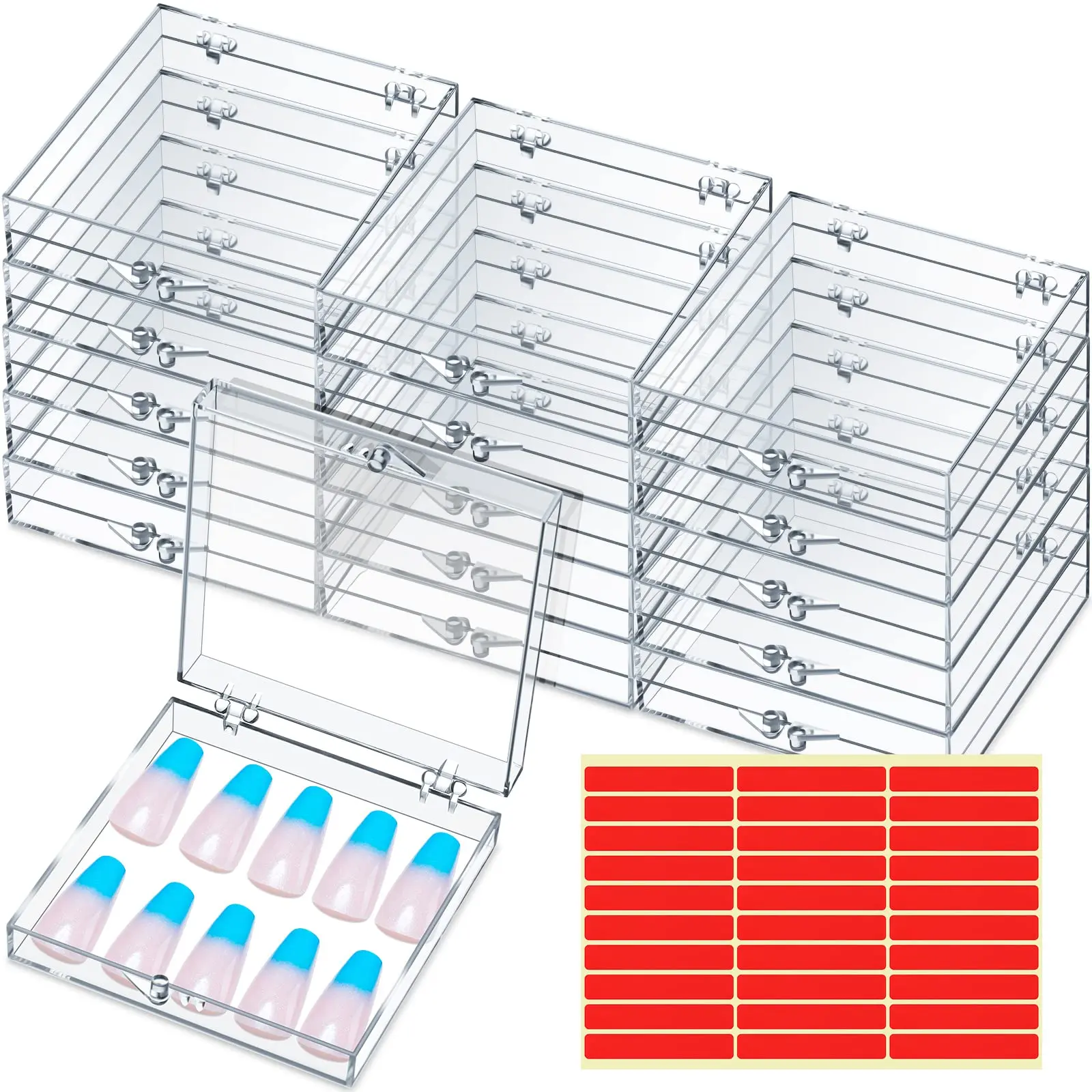 15Pcs/Set Press On Nail Boxes Nail Display Case with 30 Adhesive Tape,Artificial Press On Nail Container,Acrylic Storage Organizer,Hand Tools Kits