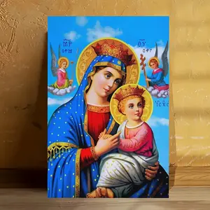 1pc less Ethiopian Orthodox Our Lady of Glory Canvas Wall Art -Sacred Religious Poster with Virgin Mary & Jesus, Vibrant Blue & Golden Orthodox Christian Icon for Living Room, Bedroom, Office, Church Decor - Easter, Christmas Gi