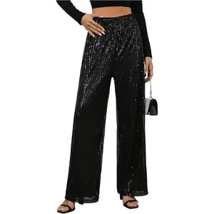 Women's Sequin Sparkle Pants Elastic Waist Wide Leg Party Club Trousers