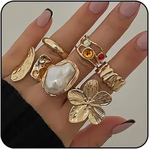 Chunky Gold Rings for Women Non Tarnish Statement Flower Ring Baroque Pearl Stackable Rings Set 6Pcs Chunky Jewelry