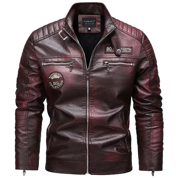 Men's Fitted Wine Red Woven PU Leather Motorcycle Jacket-Coat, Quilted Details, Multiple Zippers, Foldable, Elegant Casual Plain, Long Sleeve Biker & Street Style Menswear Top