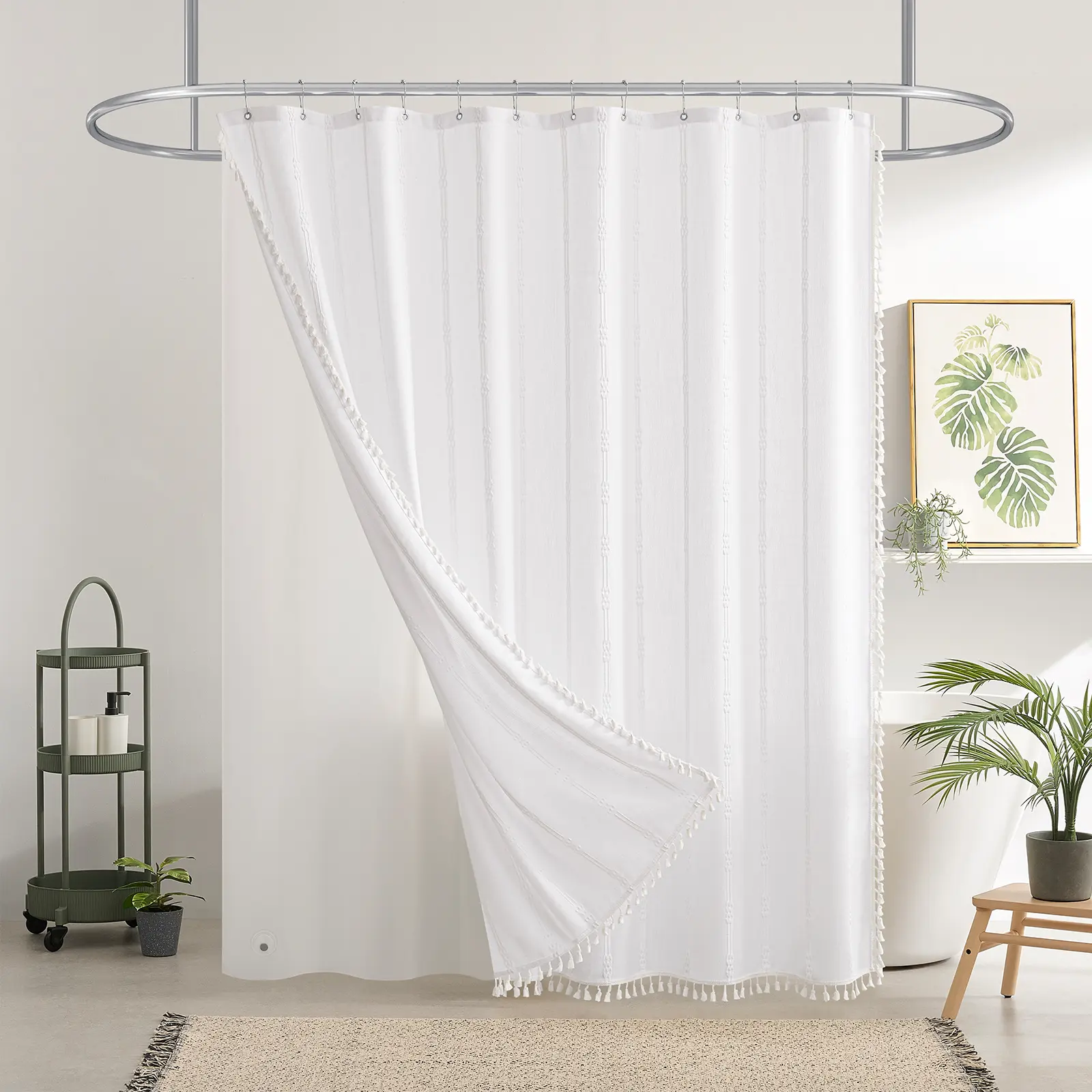 Downluxe 3-in-1 Linen Texture Striped Boho Chic Fringe Tassels Shower Curtain Set with Liner, Home Bathroom Room Decor (Bathroom Supplies), Home Goods