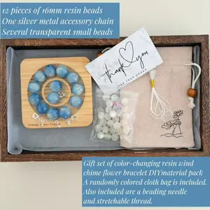 DIY Bracelet Material Kit, 12pcs Blue Resin Beads, Silver Color Metal Chain, Transparent Spacers, Free Bell Flower Set, Holiday Gift