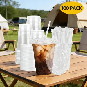 100Pack - 16oz to 20oz to 24oz Plastic Cups with Lids and Straws, Clear Iced Coffee Cups with Lids, Disposable Cups with Lids for Cold Drinks, Iced Tea, Milkshakes, Smoothies - Durable & BPA Free