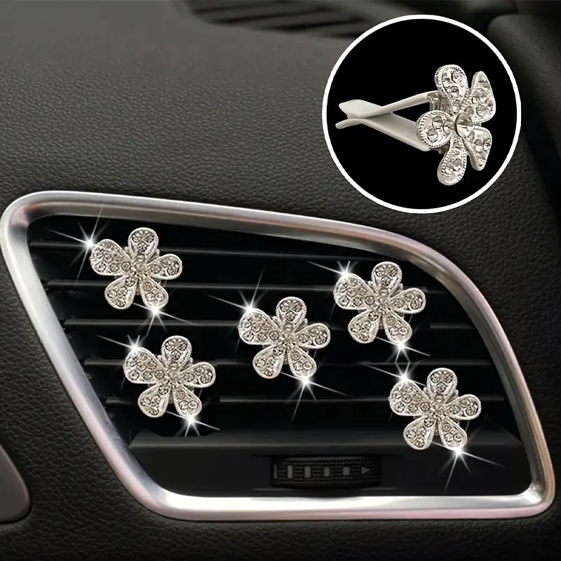 5-Piece Car Vent Decoration Set, Five Petal Flower Design, Sparkling Rhinestones, Easy Clip-On Installation, Interior Dashboard & Vent Accessories, Girly Car Accessories, Aesthetic Car Accessory, Vehicle Decor