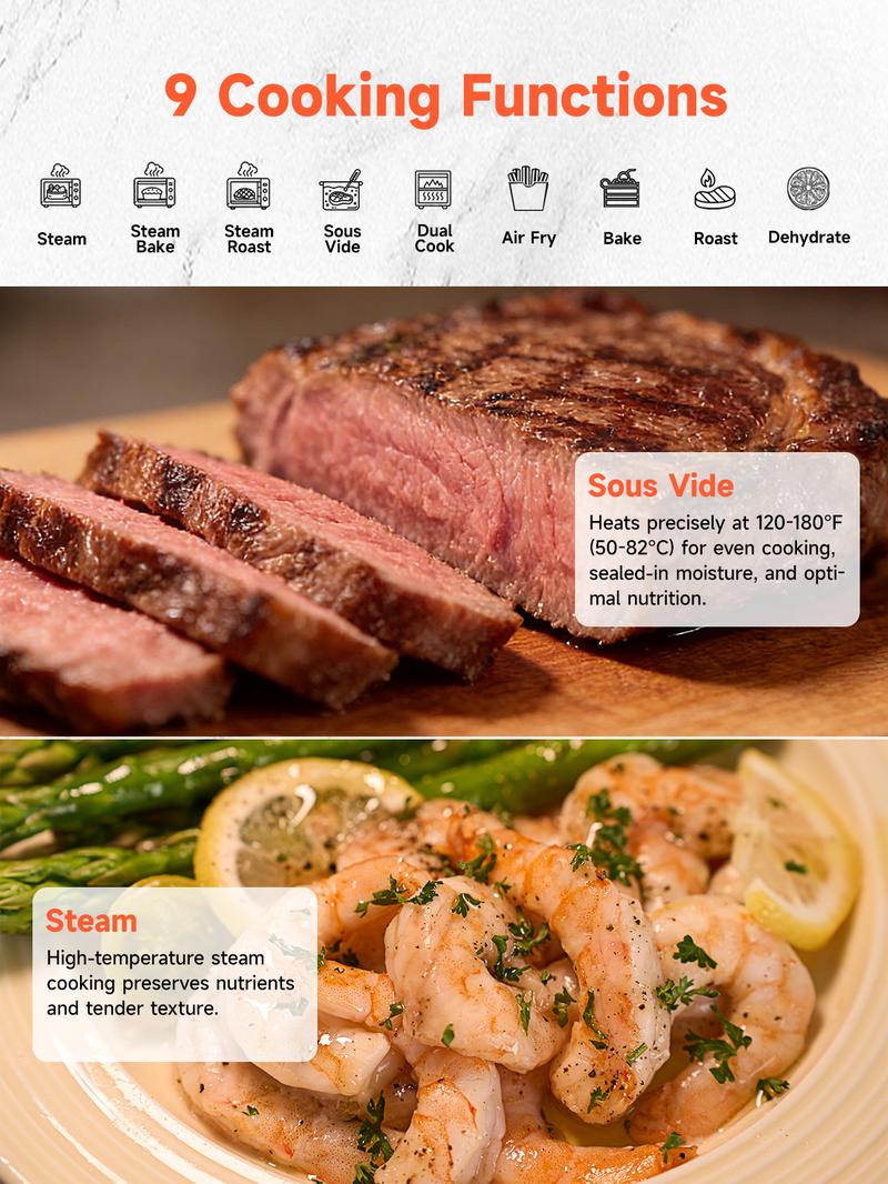 OUNIN Combi Steam Oven Countertop 16QT Capacity 11-in-1 Air Fryer Toaster Oven Combo with Bake, Steam, Roast, Dehydrate, Dual Cook, 90–430°F, Stainless Steel