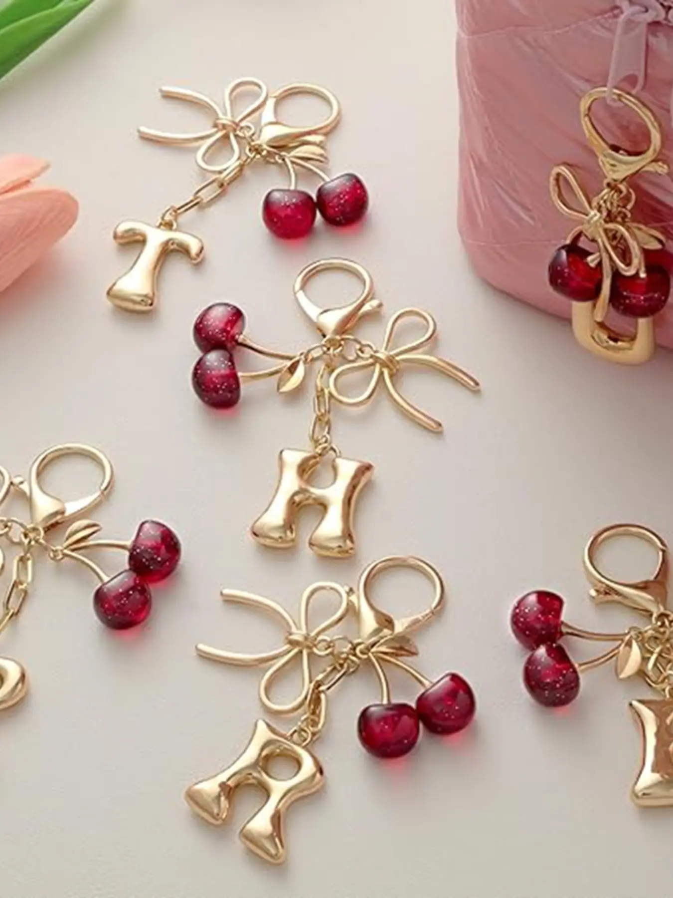 Cute Bubble Letter Keychain, Bow Cherry Key Chain, Personalized Bag Charm, Unique Girls' Accessory, Keychain Attachment, Initial Keychain, Keychain Kawaii, Aesthetic Keychain