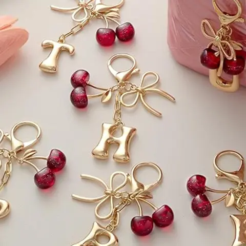 Cute Bubble Letter Keychain, Bow Cherry Key Chain, Personalized Bag Charm, Unique Girls' Accessory, Girly Keychain, Keychain Attachment, Initial Keychain, Keychain Kawaii