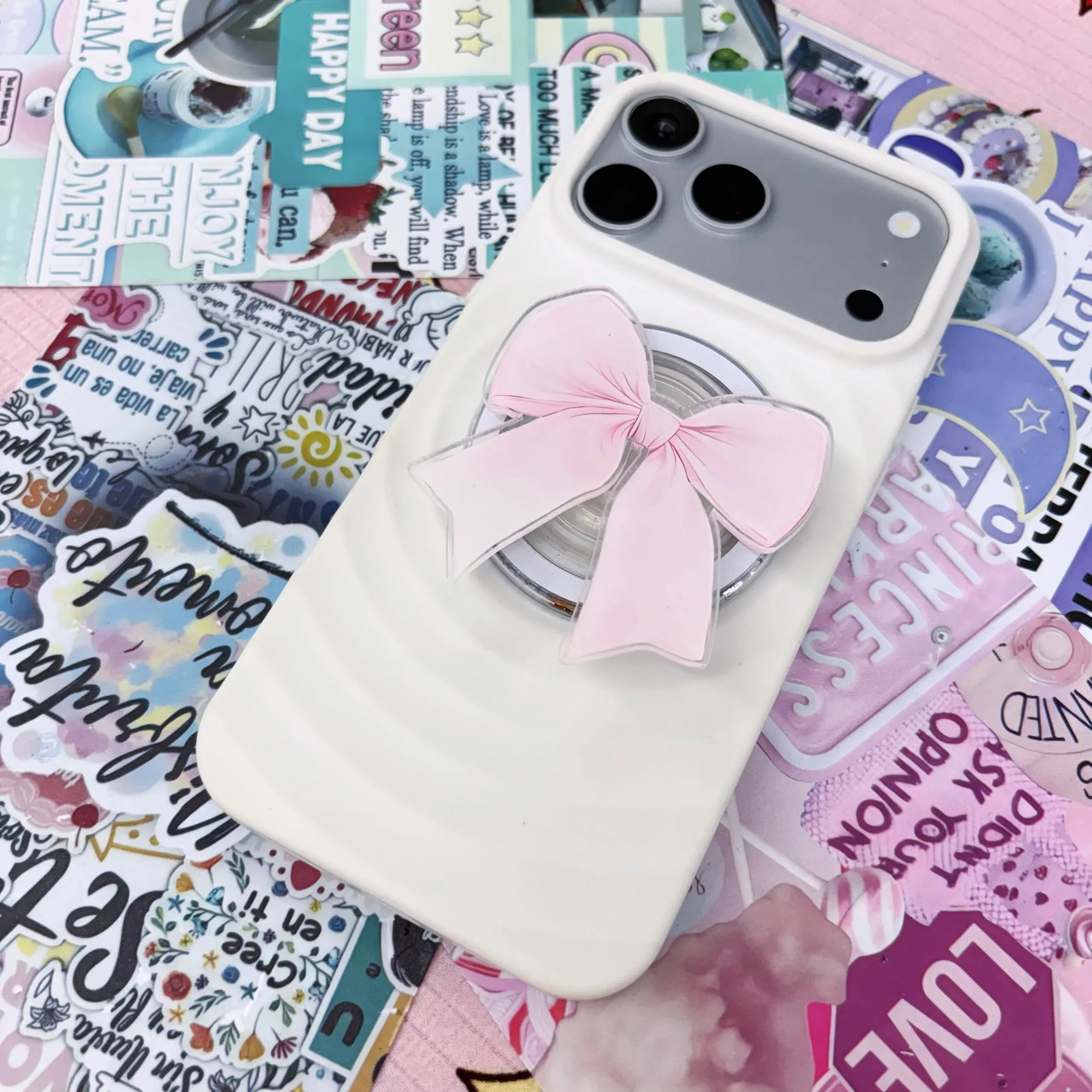 Blush Pink Bow MagSafe Phone Grip Acrylic GripTok - Cute Coquette Ribbon Cell Phone Stand Holder, Soft Girly Gift for Teens Adults