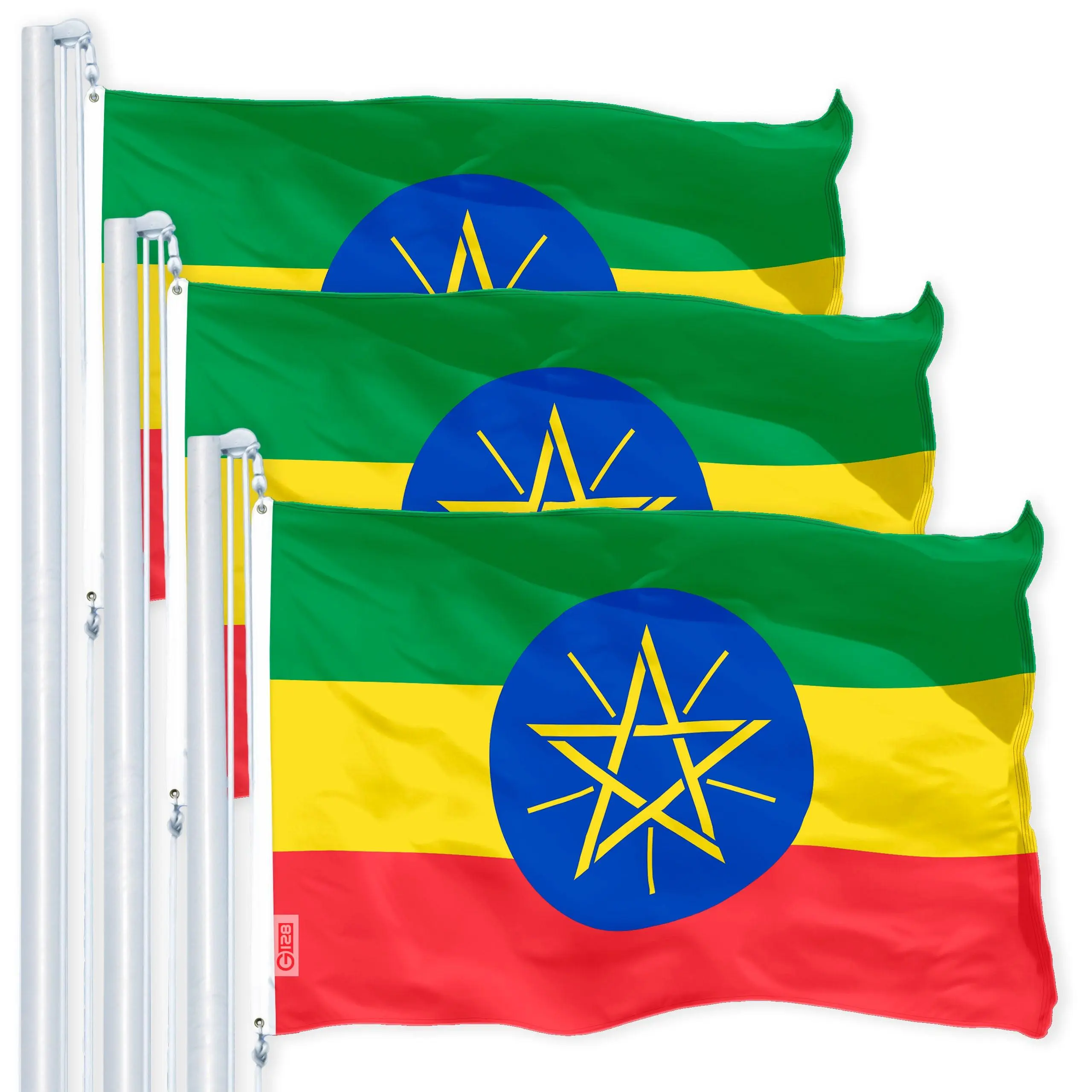 G128 3 Pack: Ethiopia (Ethiopian) Flag | 3x5 feet | Printed 150D Indoor/Outdoor, Vibrant Colors, Brass Grommets, Quality Polyester, Much Thicker More Durable Than 100D 75D Polyester