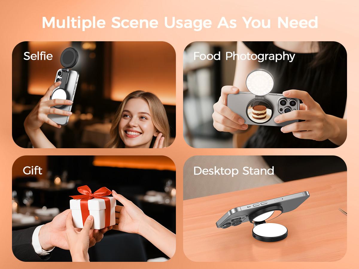 2026 New 3 in 1 Three-level brightness adjustable magnetic circular LED selfie fill light, rechargeable, foldable, with phone holder and mirror, compatible with various mobile phones, suitable for Vlog / live streaming fill light.