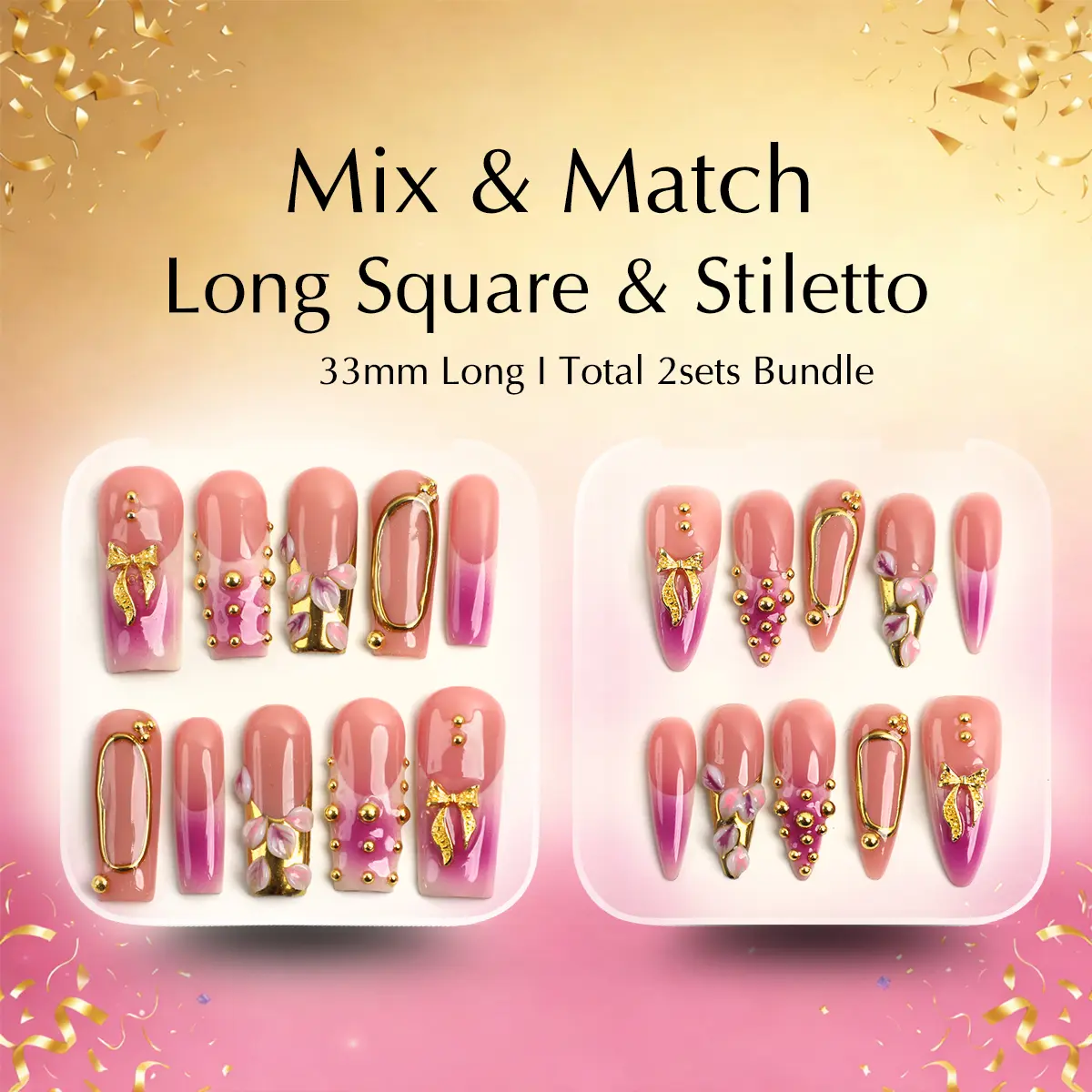 PG41/17 Almond Stiletto and Square shape Royale nails 1set/2sets Available | Handmade Press-On Nails Ste | Reusable, Long-Lasting, Salon-Perfect Finish Glitter Rhinestones,Daily wear Nails