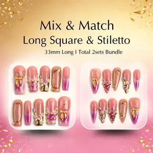 PG41/17 Almond Stiletto and Square shape Royale nails 1set/2sets Available | Handmade Press-On Nails Ste | Reusable, Long-Lasting, Salon-Perfect Finish Glitter Rhinestones,Daily wear Nails