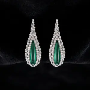Dear Yesterday Art Deco Emerald Green Dangle Earrings, Geometric Chandelier Drop Earrings, Baguette Cut CZ Statement Jewelry for Wedding Party