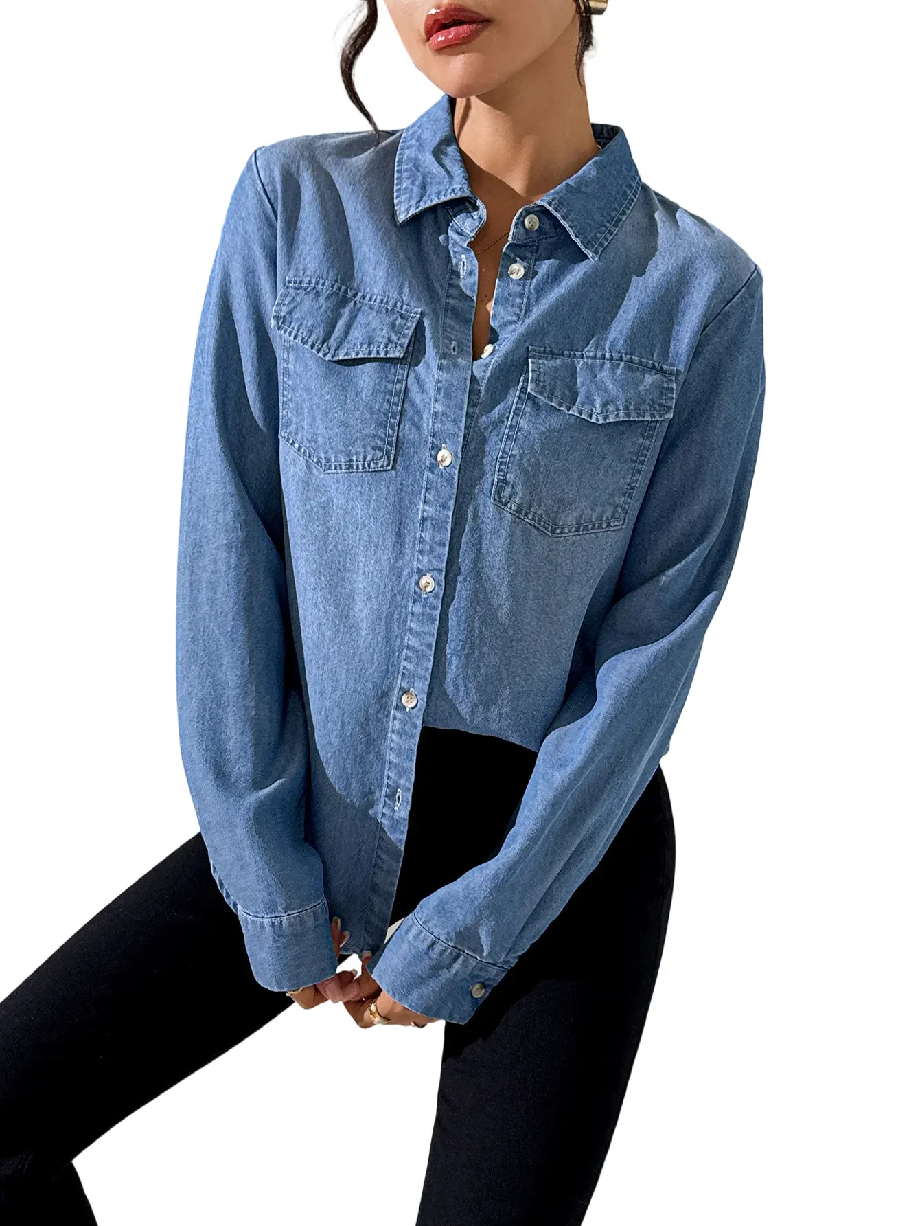 Women's Denim Shirt Long Sleeve Shirt for Women Light Blue Top with Chest Pockets, Casual Blouse for Spring and Fall Chic Breathable