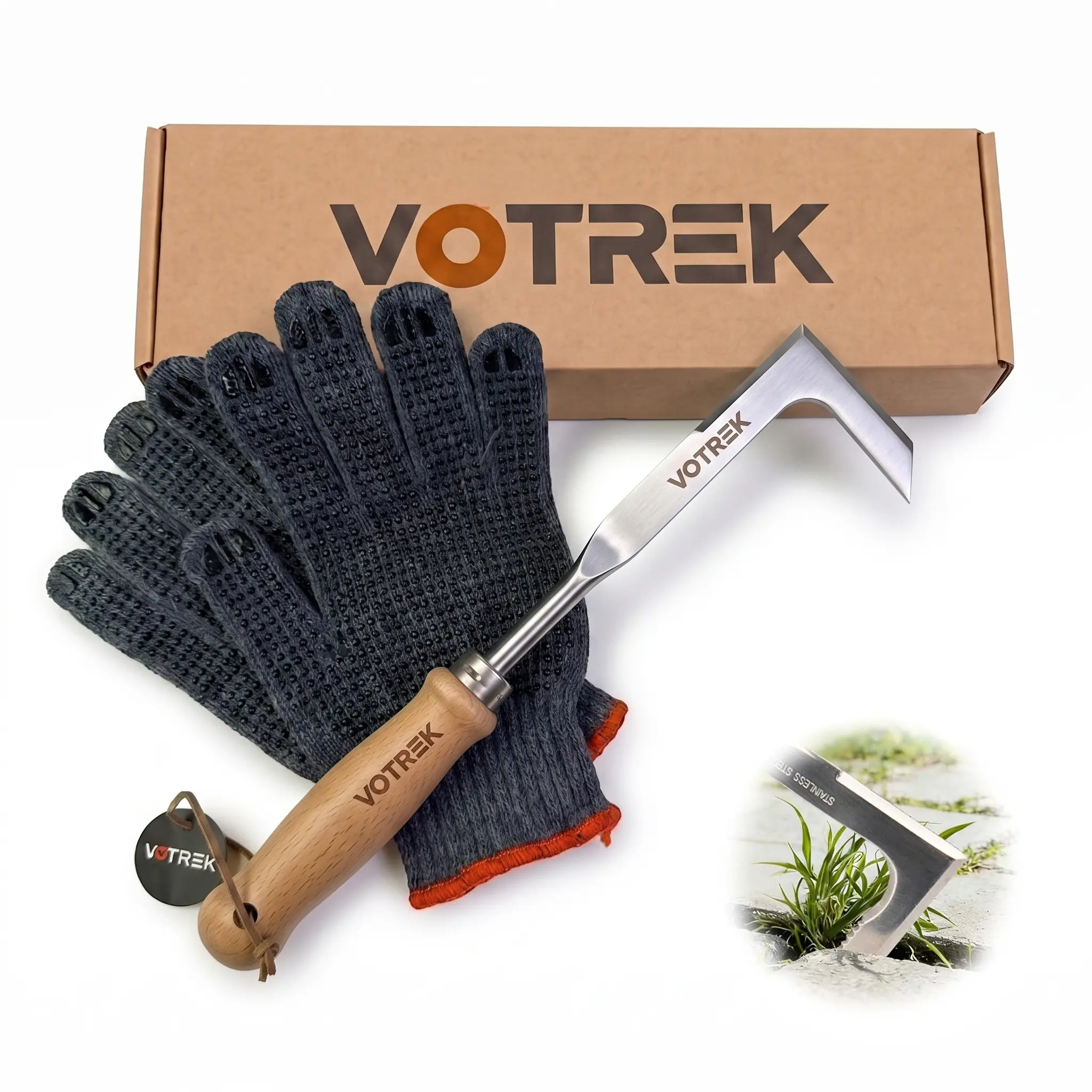 VOTREK 3-Edge Crack Weeder, Stainless Steel Crevice Weeding Tool, Reinforced Steel Collar Wood Handle, L-Shaped Weed Puller for Sidewalk Driveway Paver Cracks