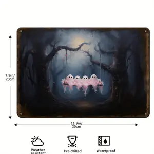 1pc Cute Ghosts on Swing Halloween Metal Tin Sign - Vintage Spooky Wall Art with 4 Pink & White Ghosts, 8x12 Inch Iron Painting for Indoor/Outdoor Decor, Party Supplies, Cafe, Bar, Home - Easy Hook Installation, No Frame Needed