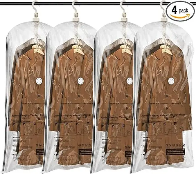Hanging Vacuum Sealer Storage Space Saver Bags for Clothes, Suits, Coats or Jackets, 4 Pack(2 Long 130x70CM & 2 Short 110x70CM) Jumbo , Clear,Bedding Comforters Blankets