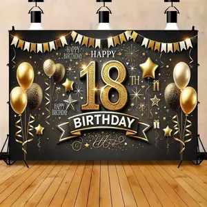 Luxurious 18th Birthday Party Banner Colorful Golden and Black Polyester Backing with Balloons, Stars and Holiday Fonts-Ideal for Indoor/Outdoor Celebrations, Photo Pavilion, Home and Garden Decor,