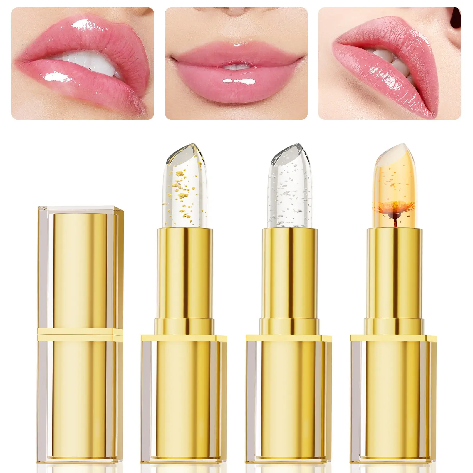 3Pcs Gold Flakes Jelly Lip Gloss Set, Color-Changing Transfer-Proof Lip Stain, Hydrating Lip Care with Crystal Mirror Shine, All-Day Volumizing Lip Highlighter