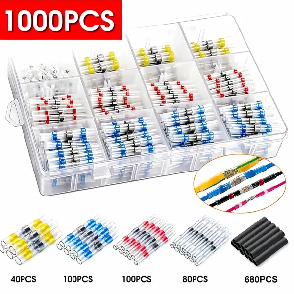 1000Pcs Solder Seal Heat Shrink Wire Connectors Kit, Waterproof Electrical Butt Wire Terminals Cable Splice Sleeve for Car Boat Wiring