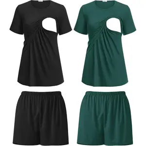 2 Pack Women's Nursing Pajamas Set Double Layer Maternity Pjs Postpartum Loungewear Set Breastfeeding Tops & Shorts