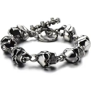 Gothic Biker Link of Skulls Bracelet for Men  Color High Polished