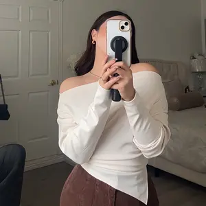 Off-Shoulder Long Sleeve Top - White, Fitted, Plain Design, Suitable for All Seasons, Ideal for Casual and Daily Wear Blouse