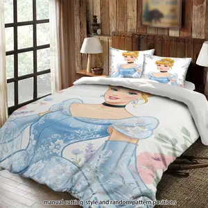 Cinderella blue dress with floral embellishments 3-piece bedding set, suitable as a gift.