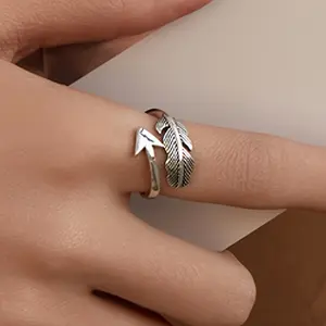 Vintage Thai Silvery Fashion Feather Ring Cupid Arrow Ring, Suitable for Daily Versatile Gifts, Mother's Day, Valentine's Day, Wedding Season, Four Seasons Accessories,  Special Occasion Ring, Cupid Ring, Handcrafted Ring