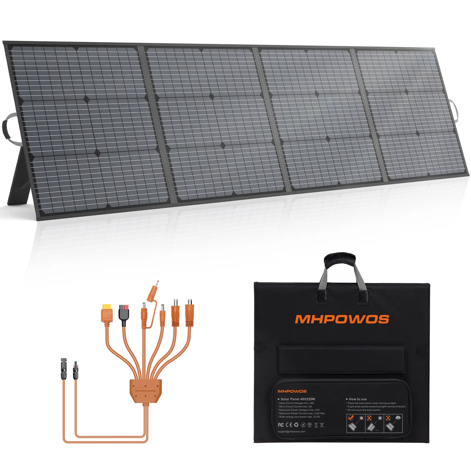 MHPOWOS 220W Portable Solar Panel Charger with High Efficiency Monocrystalline Cells, 40V Foldable Panel for Power Station, Camping, RV Trips, Wide Compatibility to Power Your Adventures