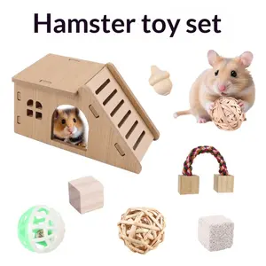 11PCS Hamster Chew Toys Set - Natural Wooden Hamster House, Molar Toys for Hamsters Gerbils Mice - Small Animal Playground