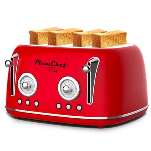 PlumChef 4 Slice Retro Style kitchen Toaster, fits anywhere ,Dual Control Toaster with Warming Rack, 6 Browning Settings, Bagel/Defrost Functions, Removable Crumb Tray, Stainless Steel Housing, Red bread  toaster bread maker machine toaster kitchenware