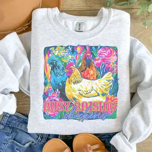 CK's Boutique Design Busy Raising Chickens Sweatshirt Ash Grey Unisex Jersey Sublimation Vintage Style Comfortable Everyday Wear