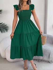 Women's Plain Ruffle Hem Shirred Tiered Layer A Line Dress, Casual Butterfly Sleeve Square Neck Long Dress for Summer, Ladies Clothes for Beach Holiday Vacation, Casual Wear