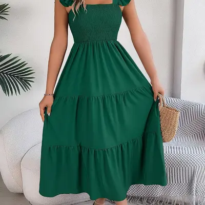 Dark Green Dress Flowy Summery - TikTok Shop