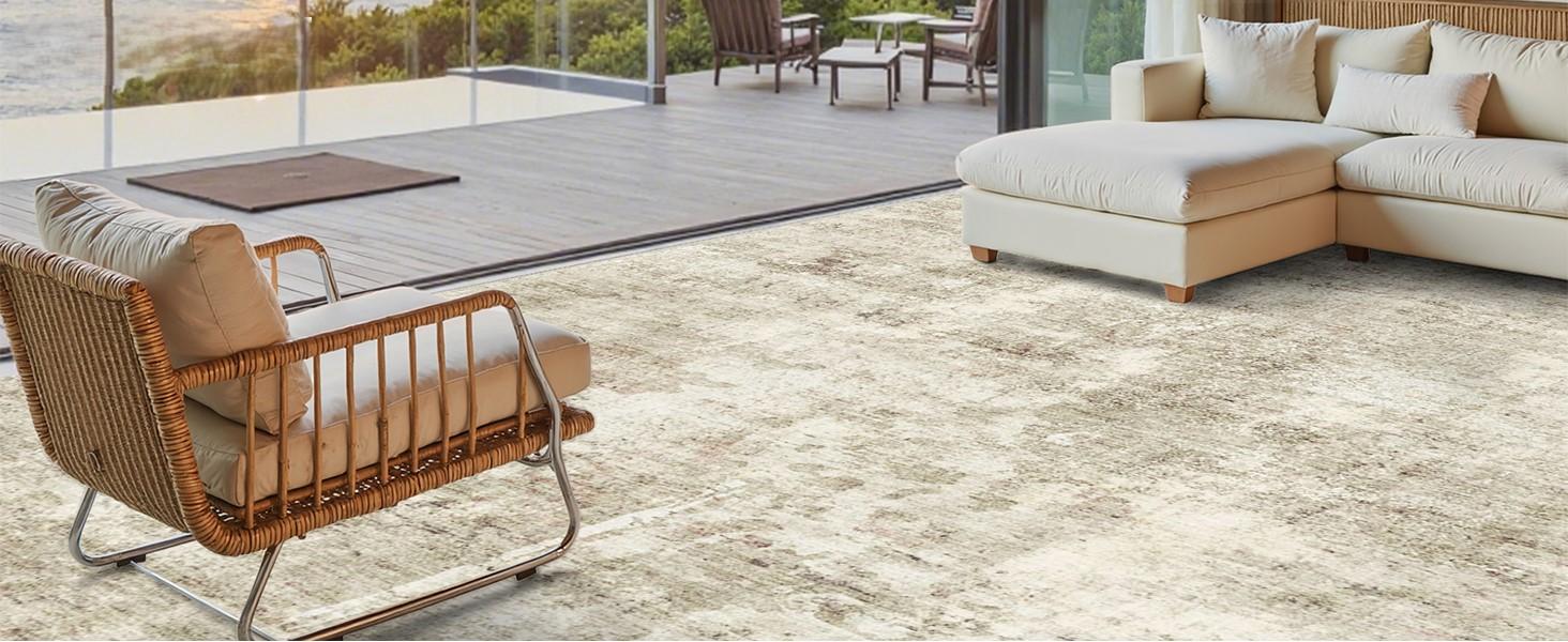 ComiComi Abstract Modern Neutral Beige Area Rug, Soft & Cozy Large Thin Machine Washable Rug, Non-Slip Backing, Water & Stain Resistant Carpet for Living Room, Bedroom, Kids & Pets, Indoor Rug for Home Decor, Apartment, Home Office