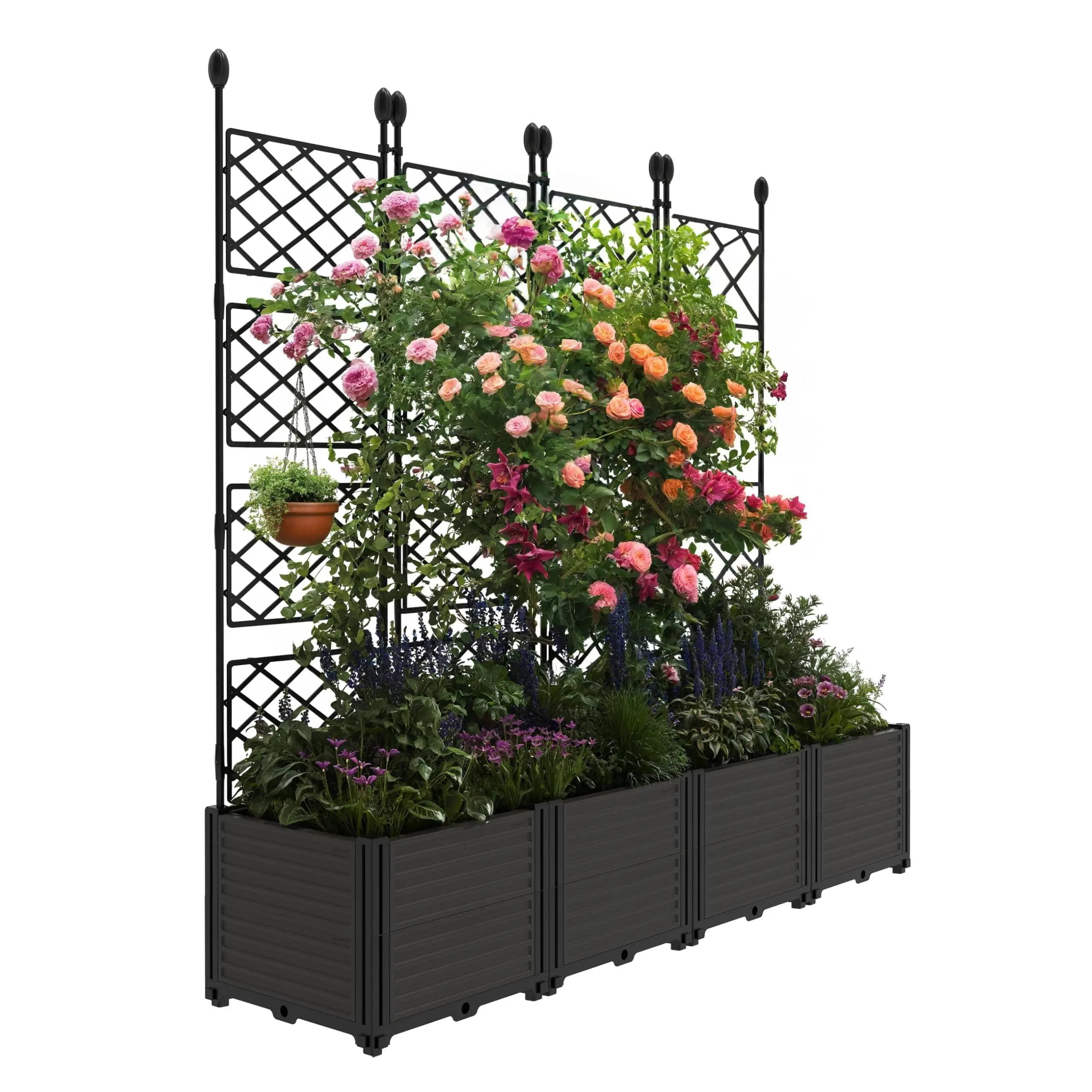 GARVEE Vertical Garden Trellis Raised Bed, 4 PCS Freestanding Planter Box with Outdoor Lattice Screen, Drain Plug & Sturdy Base, for Climbing Plants, Plastic for Patio, Balcony
