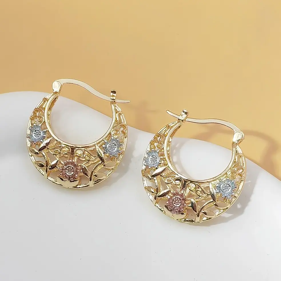 Vintage Flower Hoop Earrings for Women - 14K Gold Plated Tri-Color Filigree Basket Design, Elegant Statement Earrings for Daily Wear & Gift