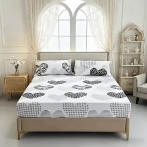 Love Heart Leopard Fitted Sheet Set, Includes 1 Fitted Sheet and 1 or 2 Pillowcases, Polyester Material, Digital Printing, All-Season Use, Home Textile