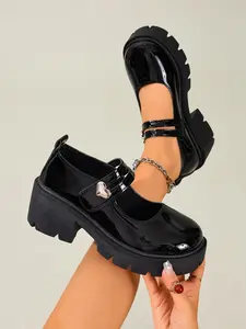 Women's Thick Sole Platform Heart Buckle Round Toe Mary Jane Shoes, Fashion Outdoor Versatile Classy Style, Summer Footwear for Ladies