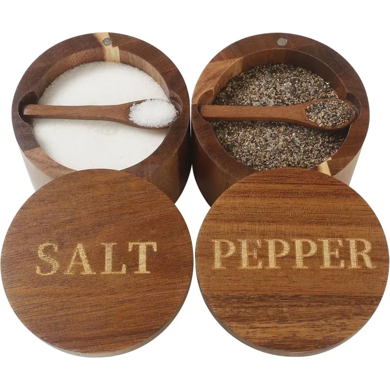 2PCS Wooden Salt and Pepper Shaker Set - Acacia Wood Salt Dispenser with Built-in Spoon, Rotating Lid, Engraved Labels, Kitchen Countertop Seasoning Storage Container