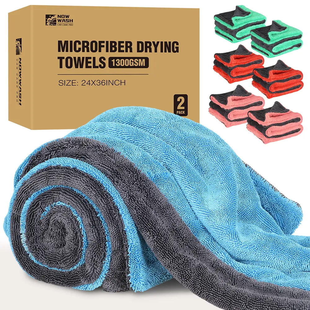 NowWash 2-Pack (2 Counts) Extra Thick 1300 GSM Microfiber Twisted-Loop Car Drying Towels (36x24 In/90x60 cm) - Machine Washable, Quick-Drying, Ultra Absorbent, Soft on Paint, Streak-Free, Durable Double-Sided Car Detailing Set for Vehicle Washing & Care