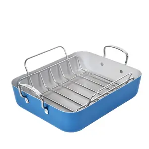 Size 18.8 Aluminum Non Stick Roaster with Stainless Steel Rack - Blue Bakeware Oil