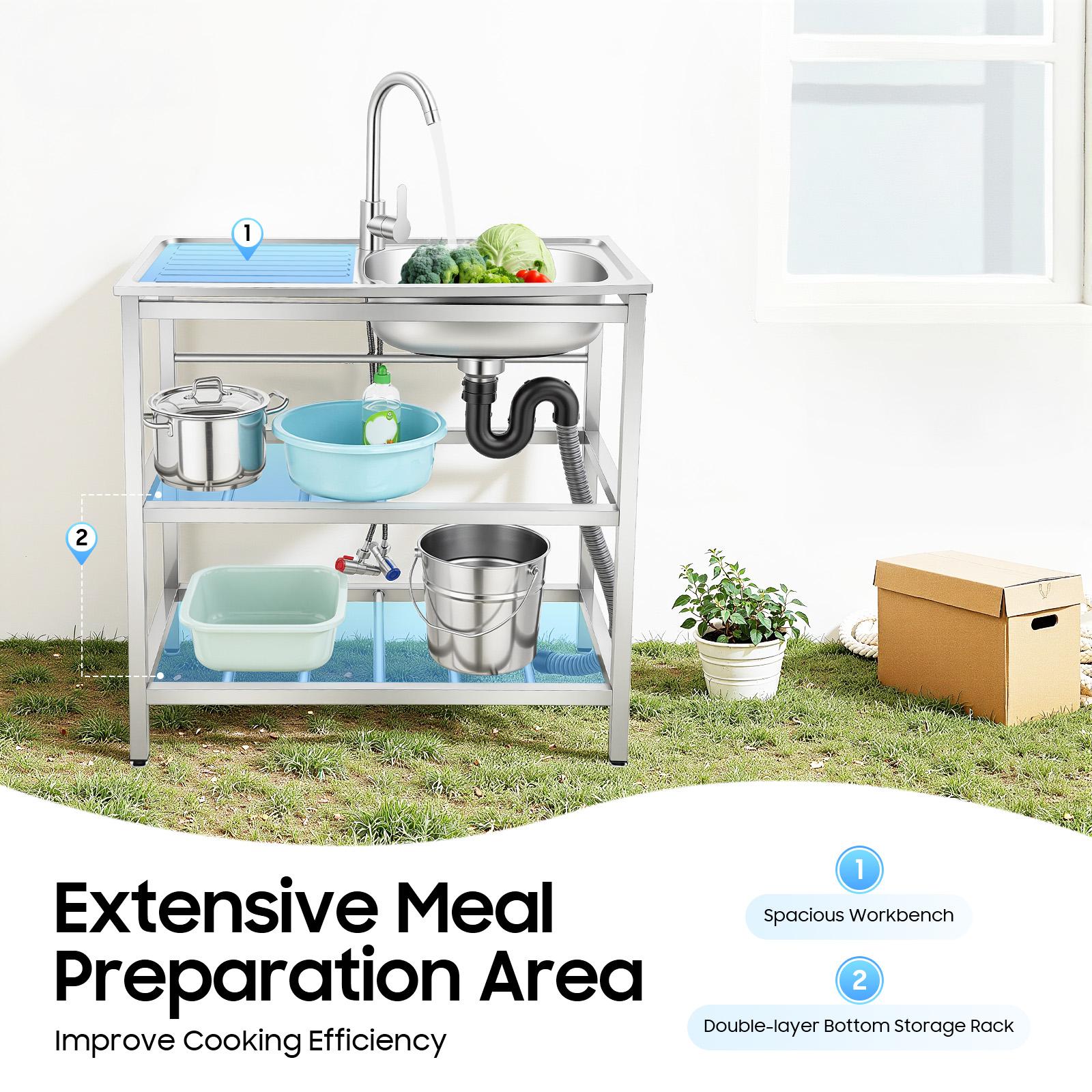 Freestanding Stainless Steel Sink with Faucet for Kitchen Outdoor Bar Cafe