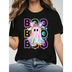 Plus Size Women's Black T-Shirt With Vibrant Neon Glow-In-The-Dark Ghost Bow Design  Halloween Party Apparel, Thanksgiving, Short Sleeve, Crew Neck, Casual Style, Playful Graphic Tee, Stretchy Fabric, 210g, Halloween Decorations