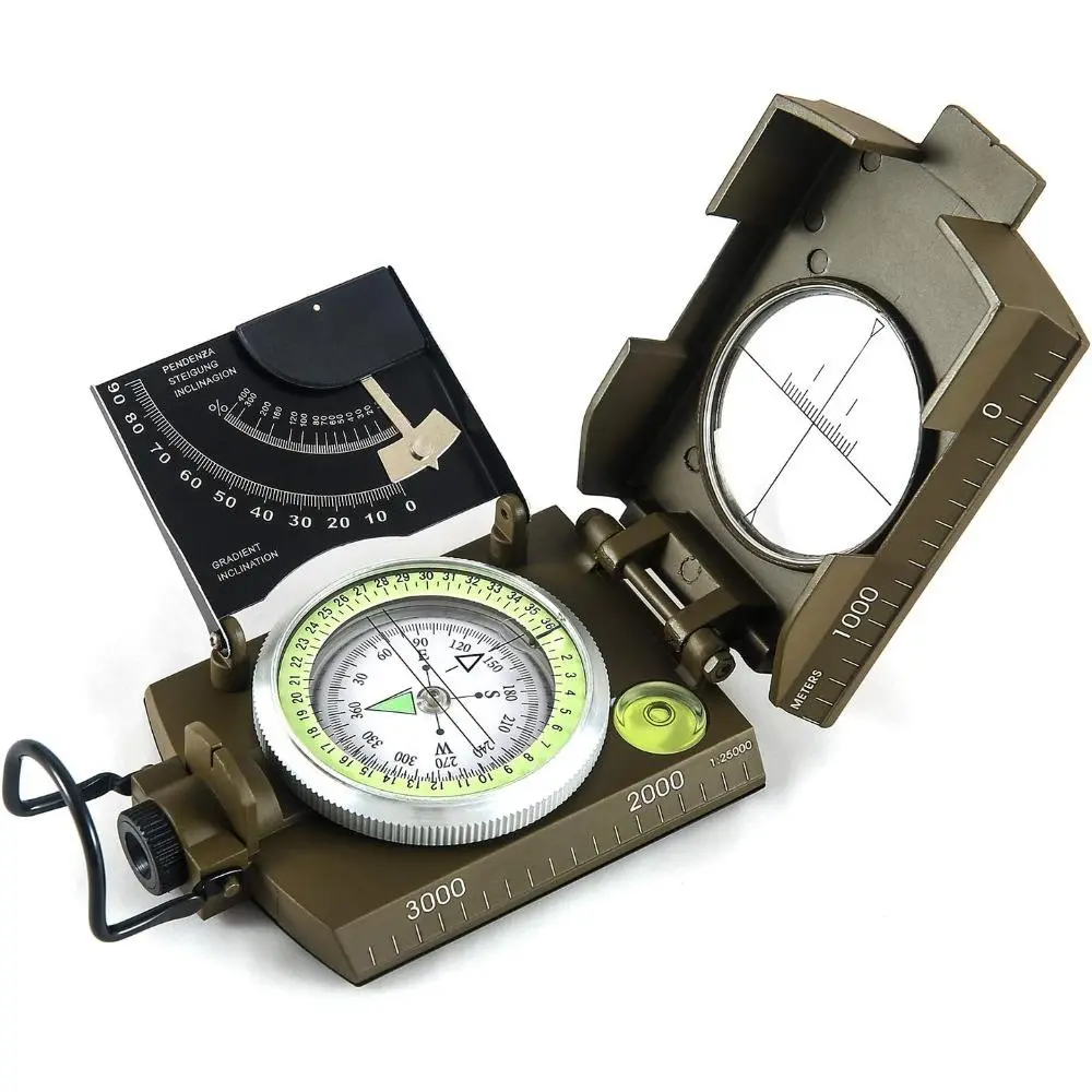 Multifunctional Sighting Navigation Compass with Lanyard, Inclinometer, Integrated Bubble Level, Rotating Bezel Ring, Adjustable Diopter Lens, Magnifying Viewer, Adjustable Luminous Marching Line - Impact-Resistant, Waterproof for Hiking, Camping, Hunting
