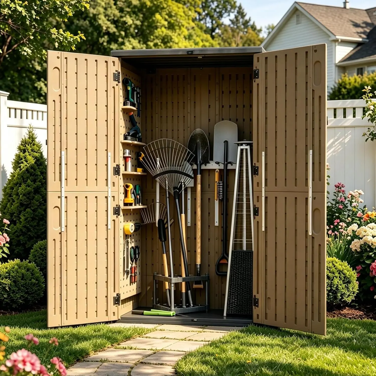 Aoxun Resin Outdoor Storage Shed with Floor, OutdoorStorage Cabinet, Vertical Storage Sheds with Floor,Waterproof Storage Cabinet for Garage, Pool, Bike, GardenTools, Patio Furniture