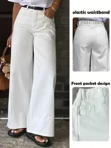 Fashionable Daily Wear Women's Versatile Non-Elastic Waist Denim Wide Leg Long Pants with Pocket, Comfortable and Stylish, Perfect for Everyday Use
