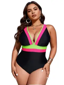 “Neon Colorblock” V-Neck High-Waist One-Piece Swimsuit